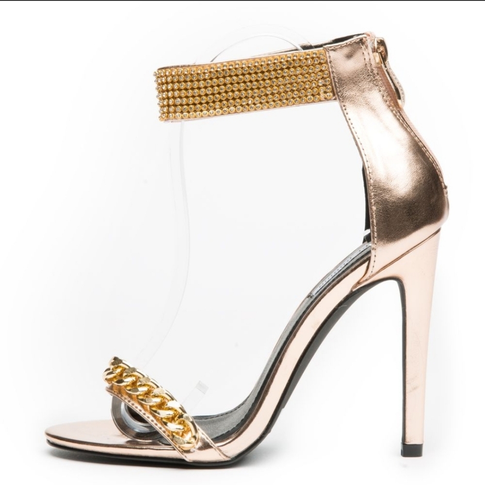 CAPE ROBBIN SUZZY HIGH HEELS Rose Gold faux leather rhinestone 2-piece pink 7.5